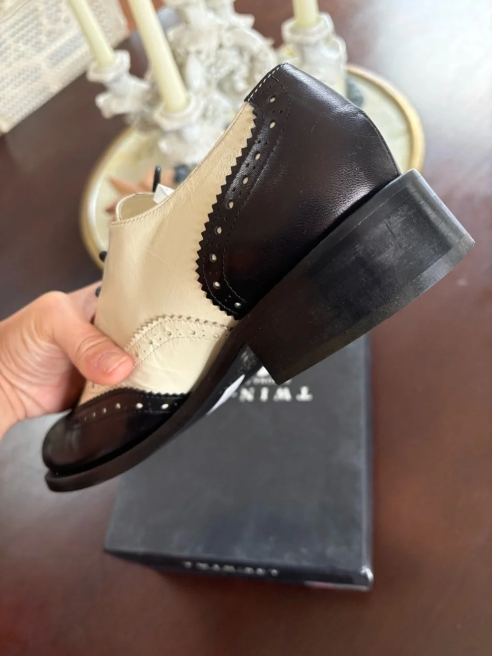 Twin-Set Black and Cream Wingtip Brogue Derby